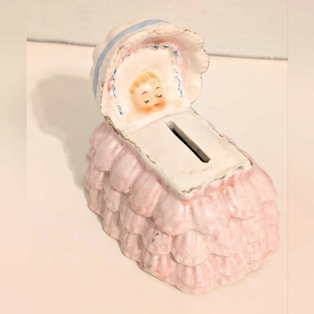 Vintage Pink Ceramic‎ Baby Sleeping In Bassinet Bank Missing Plig